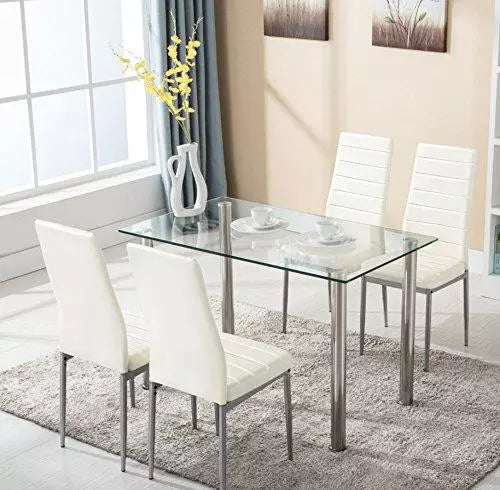 5 Piece Dining Table Set Dining Table & 4 Leather Chairs, White