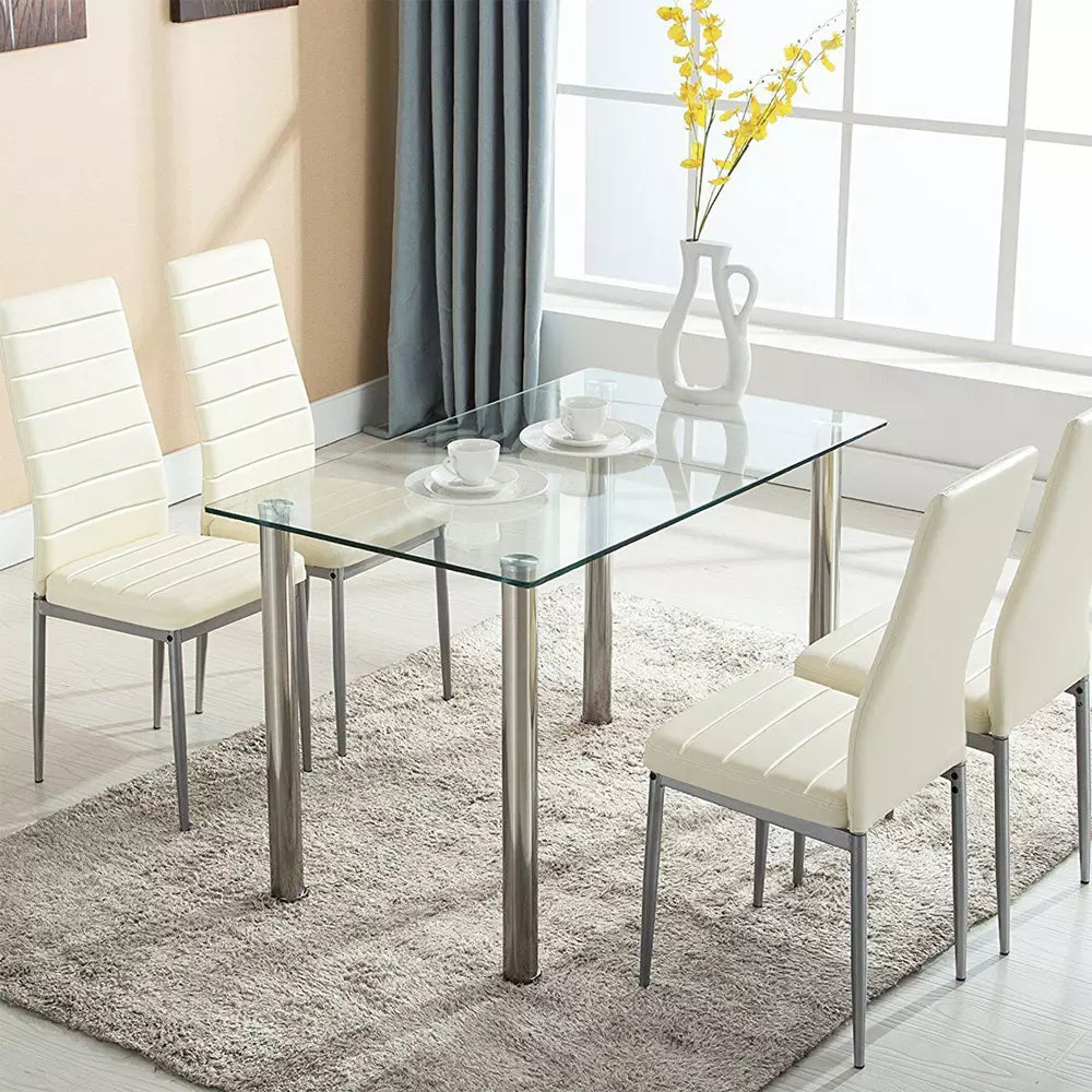 5 Piece Dining Table Set Dining Table & 4 Leather Chairs, White