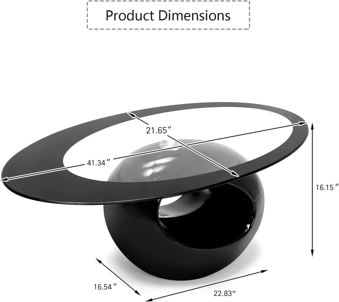 Oval Glass Coffee Table with Tempered Glass Top, Black