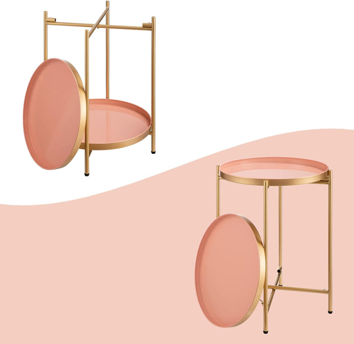 2-Tier Round Metal End Table, Gold&Pink