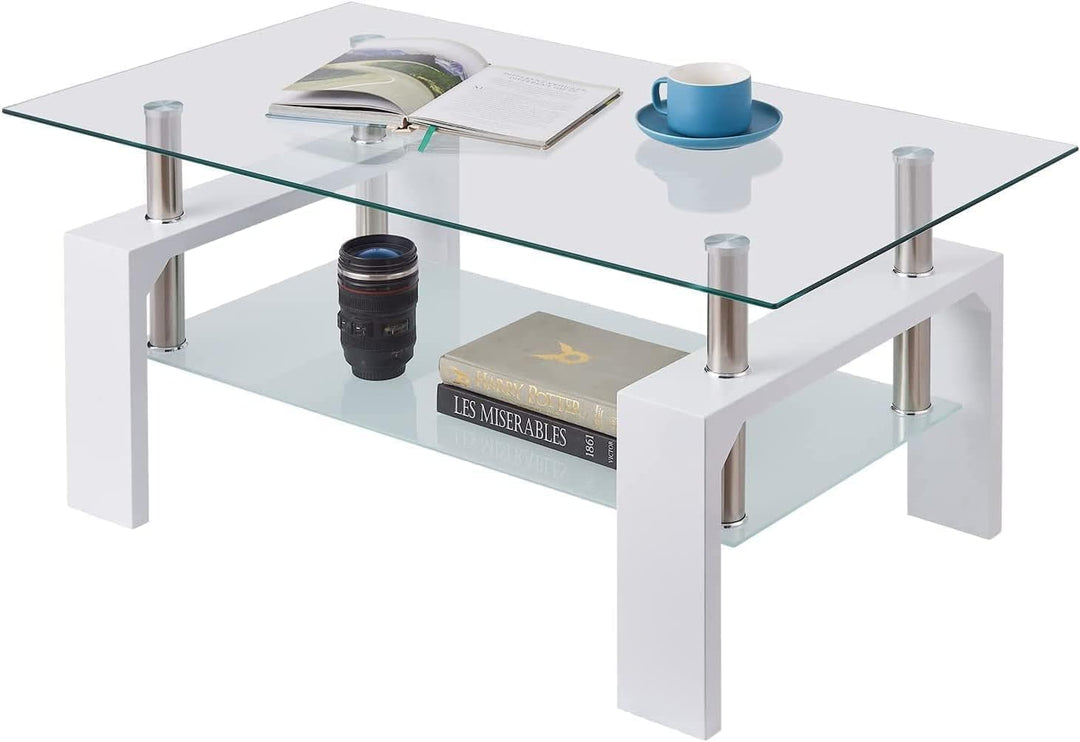 Elegant 2-Tier Glass Coffee Table, Modern Side Table, Tempered Glass