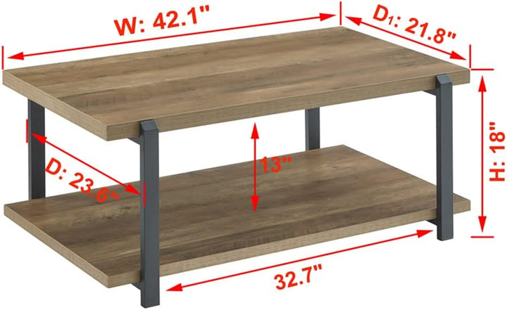 Rustic Industrial Coffee Table with Shelf, Wood and Metal Accent, Oak