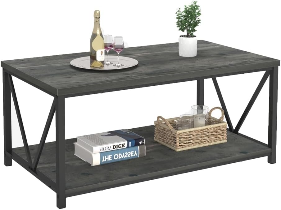 Coffee Table, Rustic Wood and Metal Center Table for Living Room, Grey