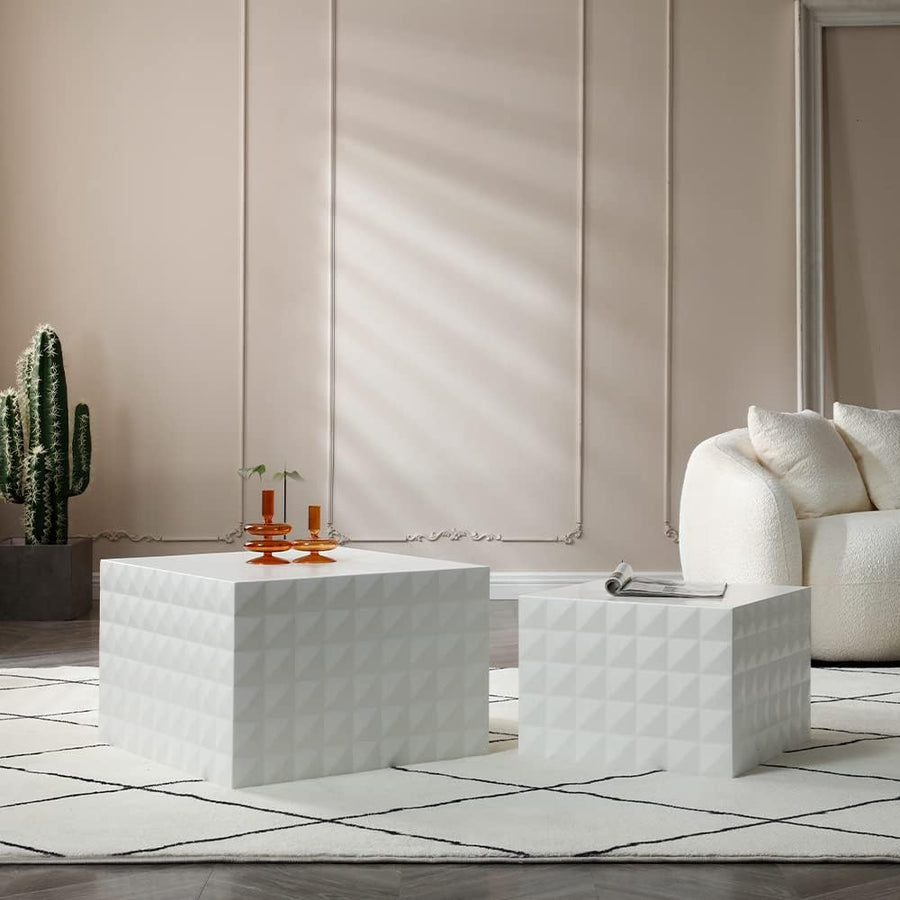 White Nesting Coffee Table Set, Modern Square Coffee Table and End Table Set, Matte White