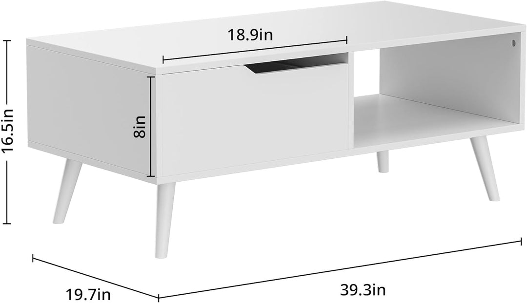 Mid-Century Modern Coffee Table with Drawer and Shelf, White