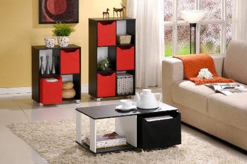 Furinno Coffee Table with Bin Drawer, Black, White