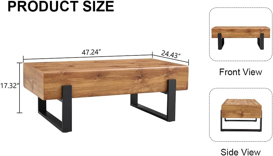 Modern Walnut Wood Rectangular Coffee Table, Black Metal Legs