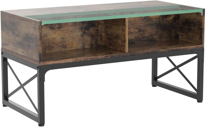 Bestier Glass Coffee Table with Storage, 42" Rustic Brown