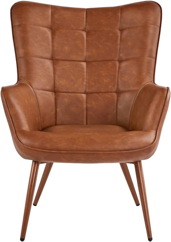 PU Leather Armchair, Modern Accent Chair Strong Structure, Vintage MidCentury High Back Sofa Chairs, Brown