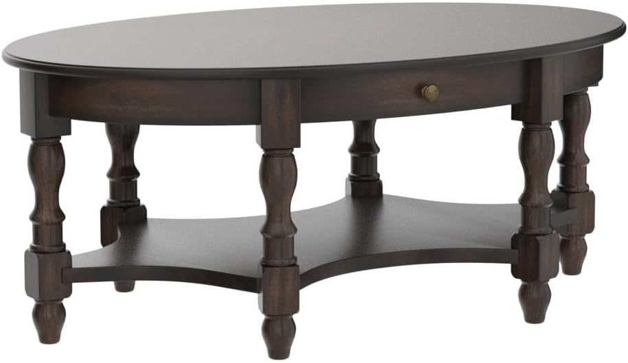 Elegant 2-Tier Solid Wood Coffee Table, Antique Victorian Ellipse, Dark Walnut