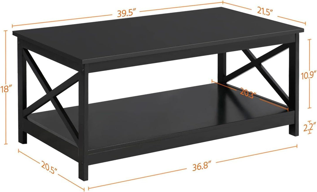 Stylish 2-Tier Wood Coffee Table, X-Shaped Accent Cocktail Table, Black