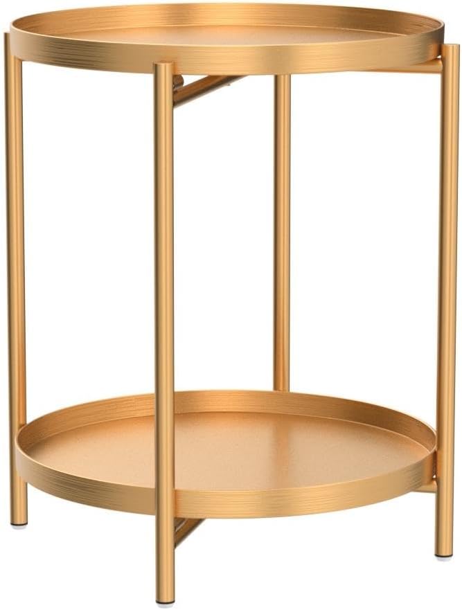 2 Tier Gold Side Table, Folding Round Metal End Table