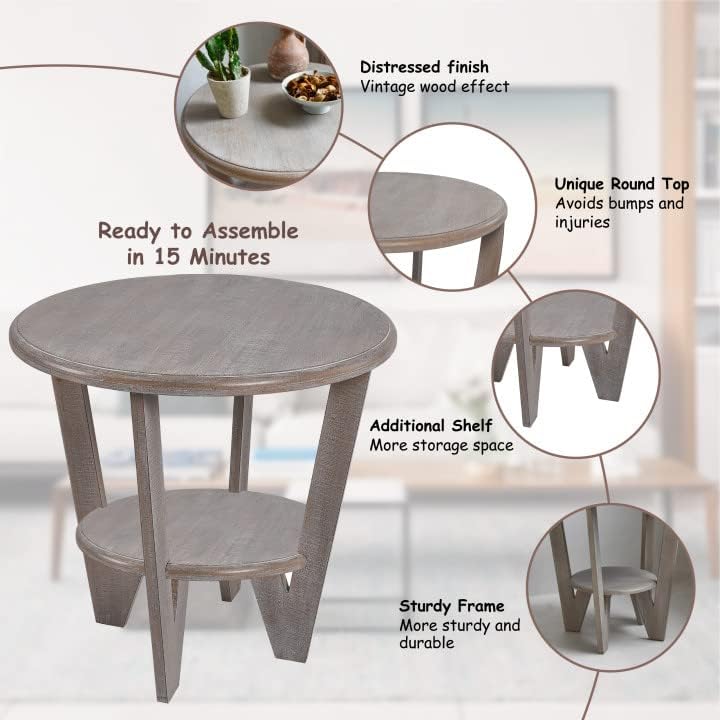 Round Farmhouse End Table Grey Accent Table