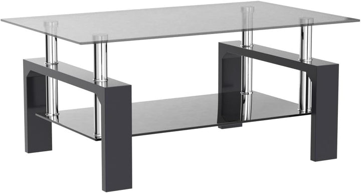 Black Glass Top Coffee Table with Black Metal Legs, Black