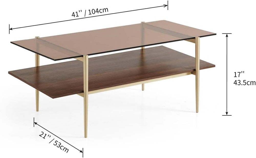 Elegant Double Layer Glass Coffee Table, Coffee Brown