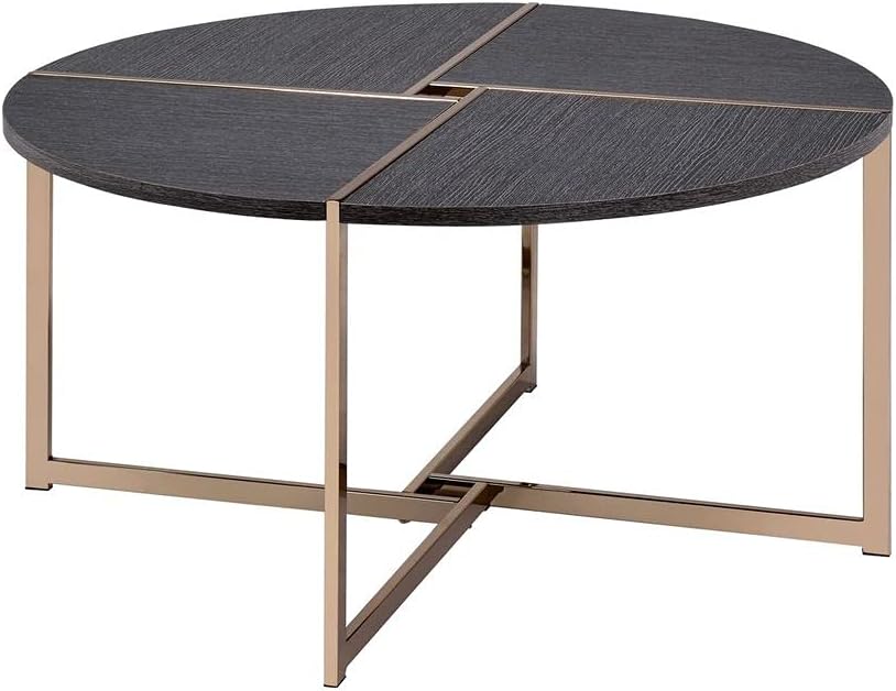 Farmhouse & Modern Circle Coffee Table, Champagne Metal & Wood