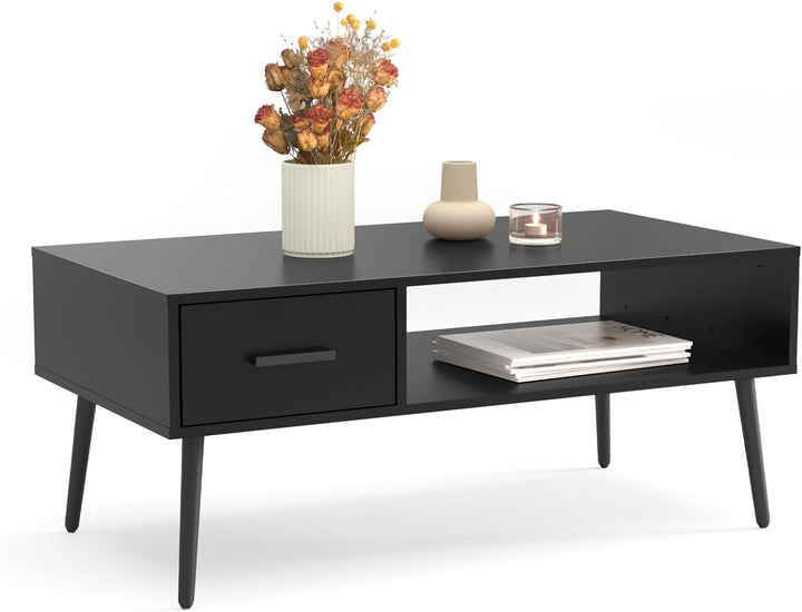 Stylish Mid-Century Modern Coffee Table with Storage, Black