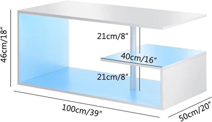 Modern White Coffee Table with S-Shaped 3 Tiers Open Storage Shelf, High Gloss Center Sofa Tea Table with LED Lights, White