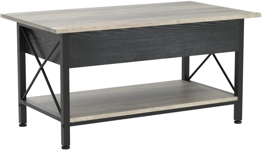 Rustic Farmhouse Grey Coffee Table with Lift Top, Storage Bins