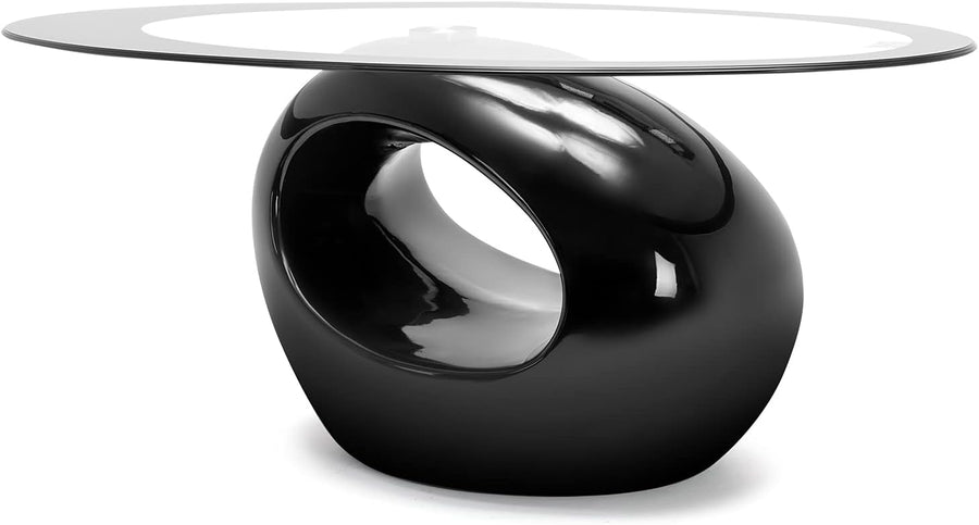 Oval Glass Coffee Table, High Gloss Hollow Base, Black