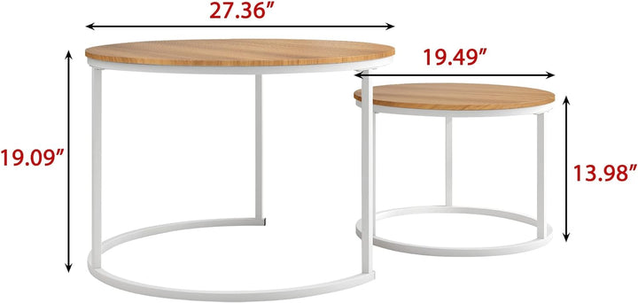 Industrial Round Coffee Table Set, Stacking Side Tables, Sturdy Accent Furniture, White and Teak