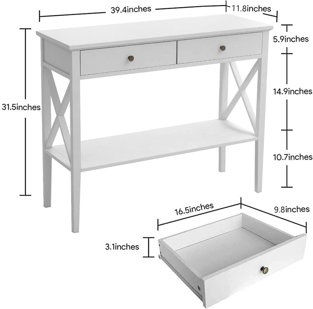 Console Table with Drawers, Narrow Wood Accent