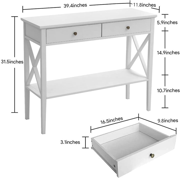 Console Table with Drawers, Narrow Wood Accent