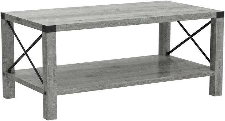 Farmhouse Coffee Table, 2-Tier Industrial Wood Look Grey