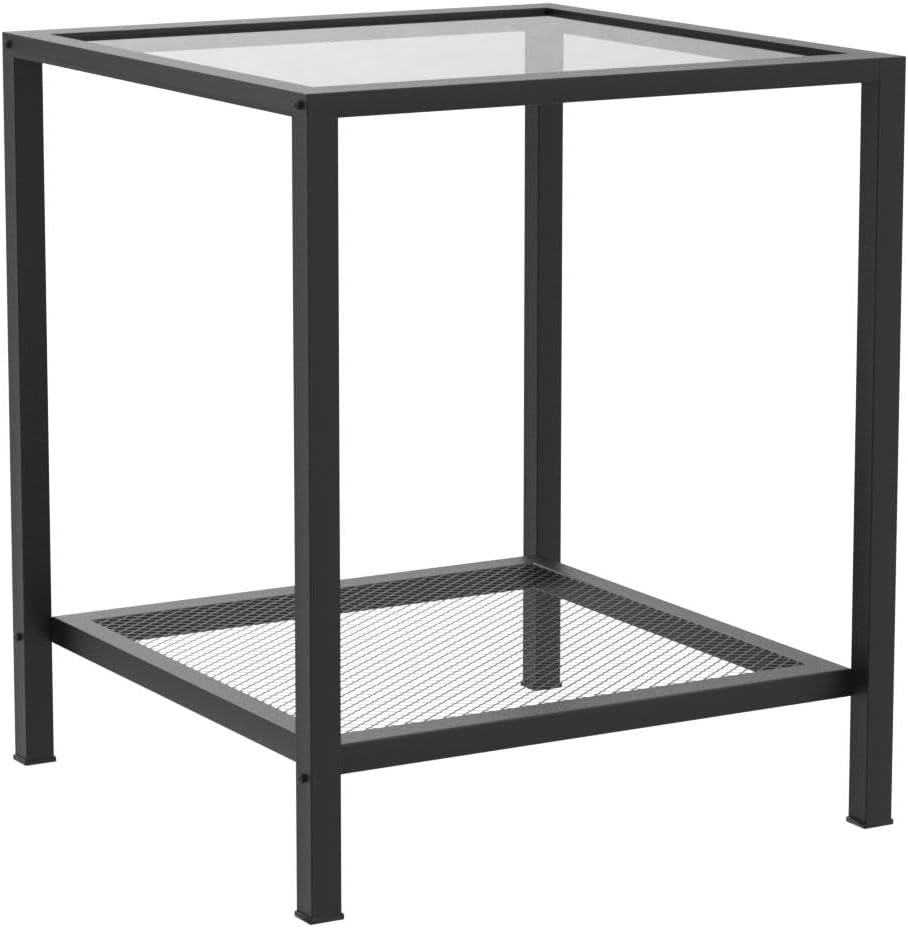 Sleek Black Glass End Table, 2-Tier Narrow Bedside Table, Living Room