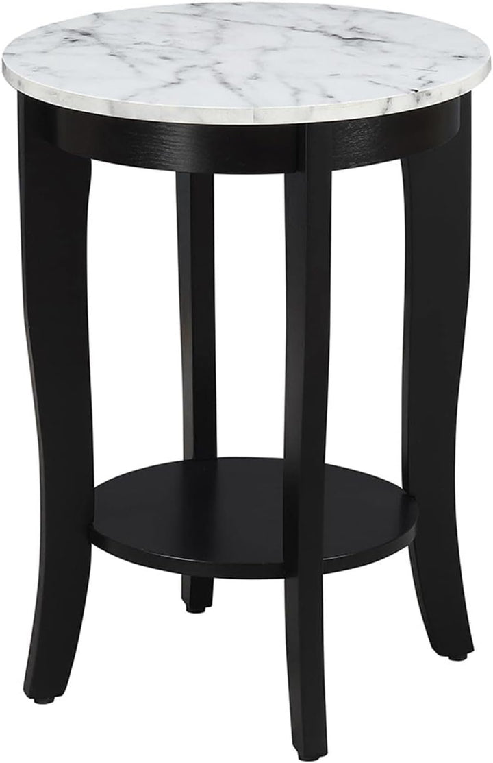 American Heritage Round End Table, White Faux Marble / Black