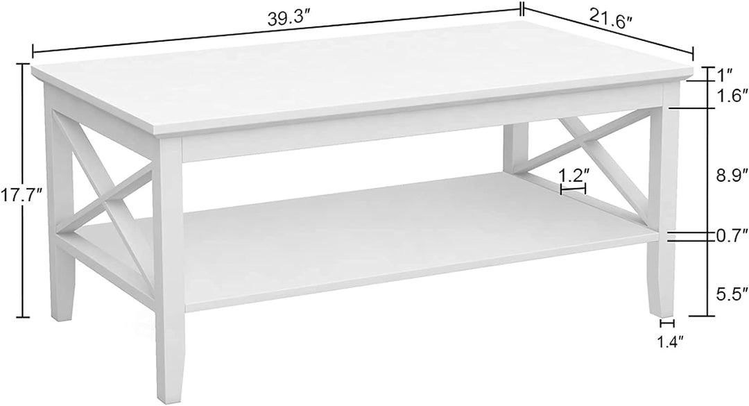 Rectangular Modern Coffee Table with Storage Shelf, Classic X Design (White)