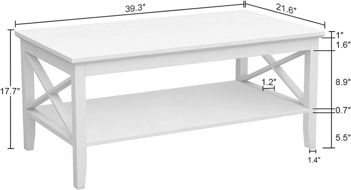 Rectangular Modern Coffee Table with Storage Shelf, Classic X Design (White)