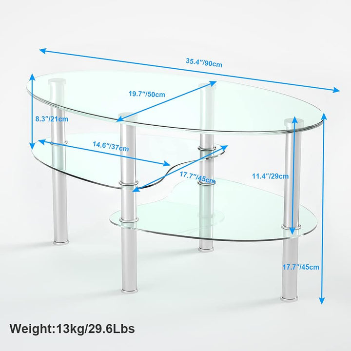 Nidouillet 3-Tier Tempered Glass Coffee Table, Oval, Gray