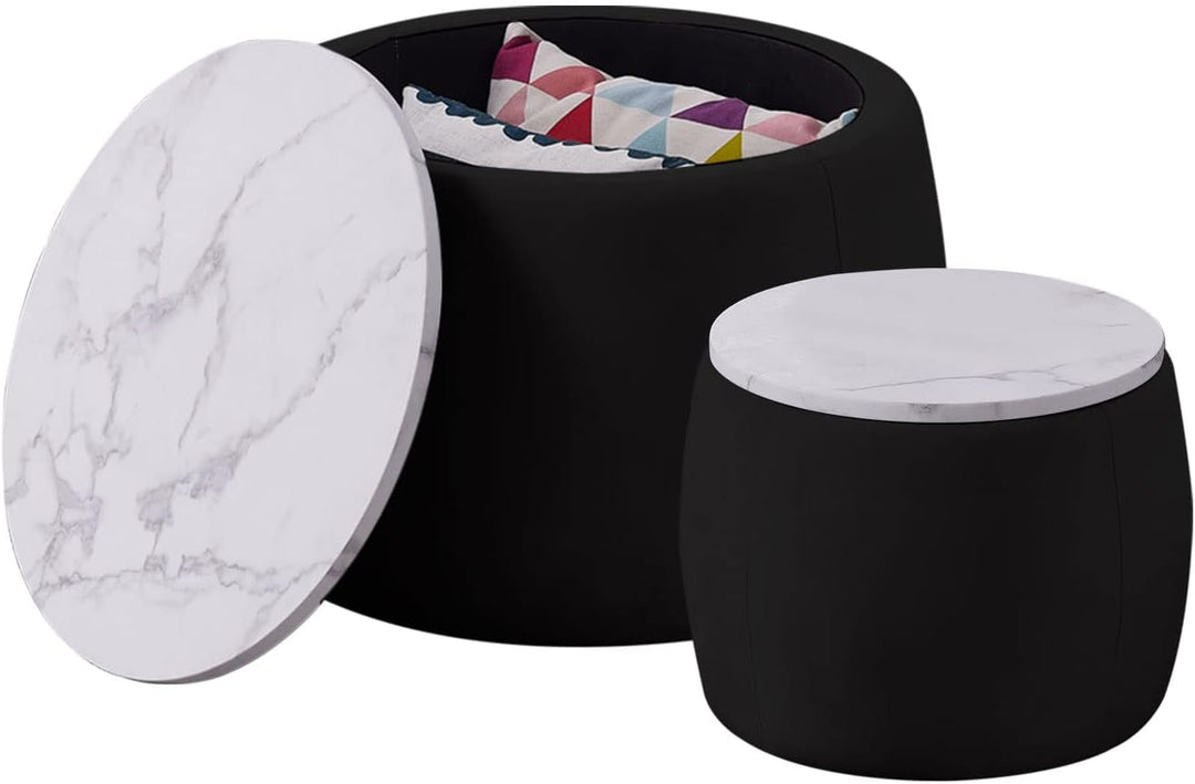 Round Ottoman Tables with Storage, Velvet Nesting Coffee Table Set, Small Footstool, Black