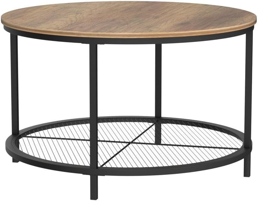 31.5" Round Coffee Table, 2-Tier Brown Wood Living Room Table, Industrial