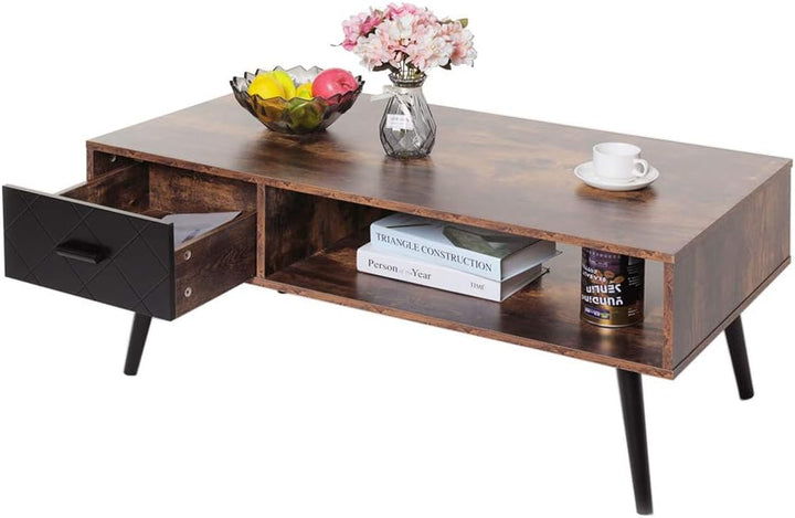 Rustic Mid-Century Coffee Table with Storage, Drawer, Shelf