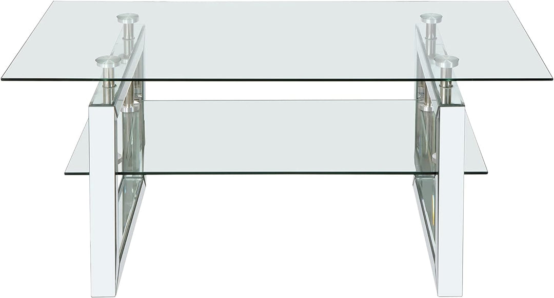 Glass Coffee Table, Modern Design with Lower Shelf, Mirrored Legs, Transparent