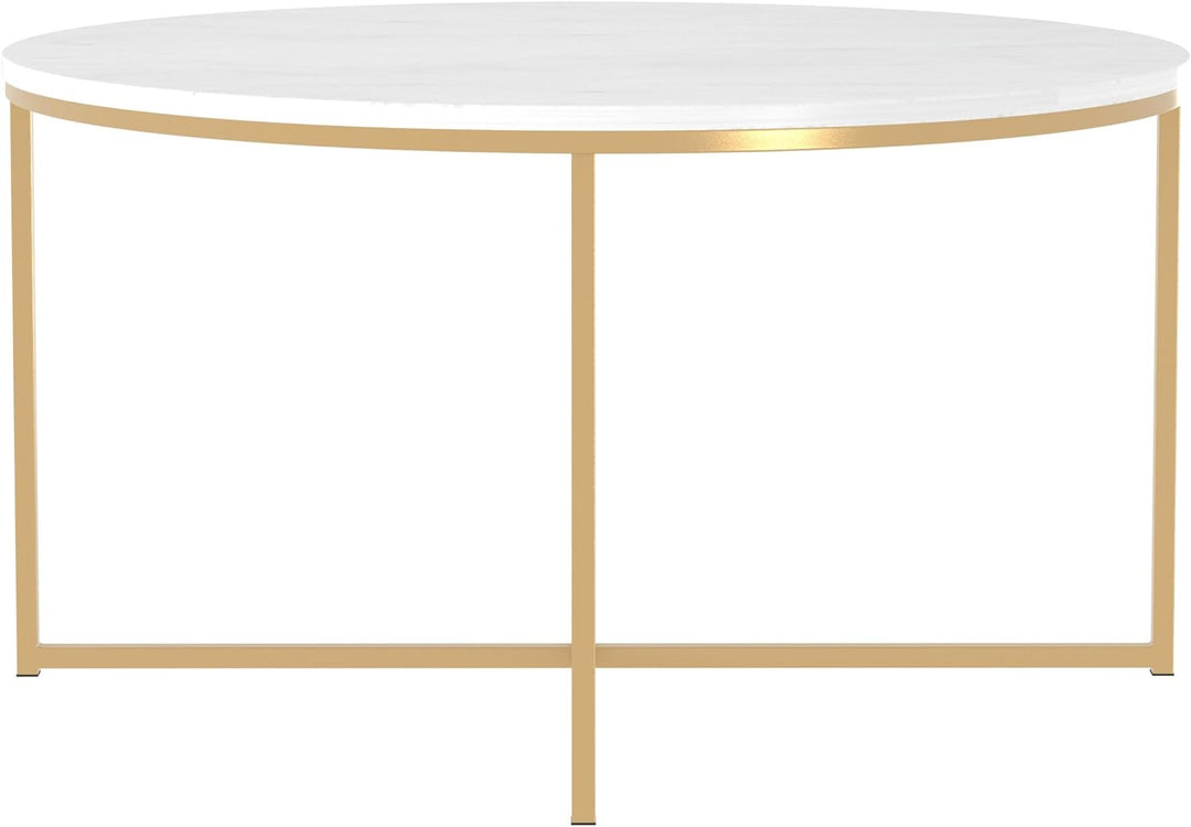 Modern Glam Round Accent Coffee Table, Faux White Marble, Gold