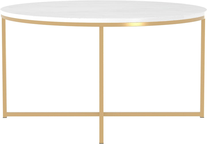 Modern Glam Round Accent Coffee Table, Faux White Marble, Gold