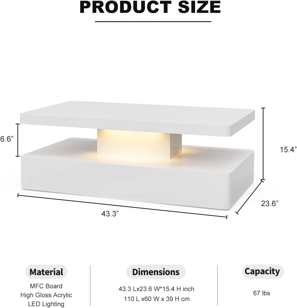 Modern High Glossy White Coffee Table with LED Lights, Contemporary