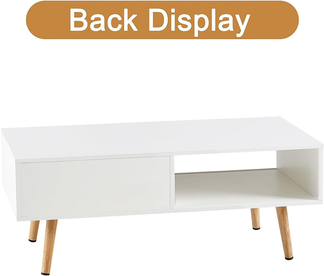 Mid Century Modern Coffee Table with Storage, Wooden Accent Center Sofa Table, White Natural Color