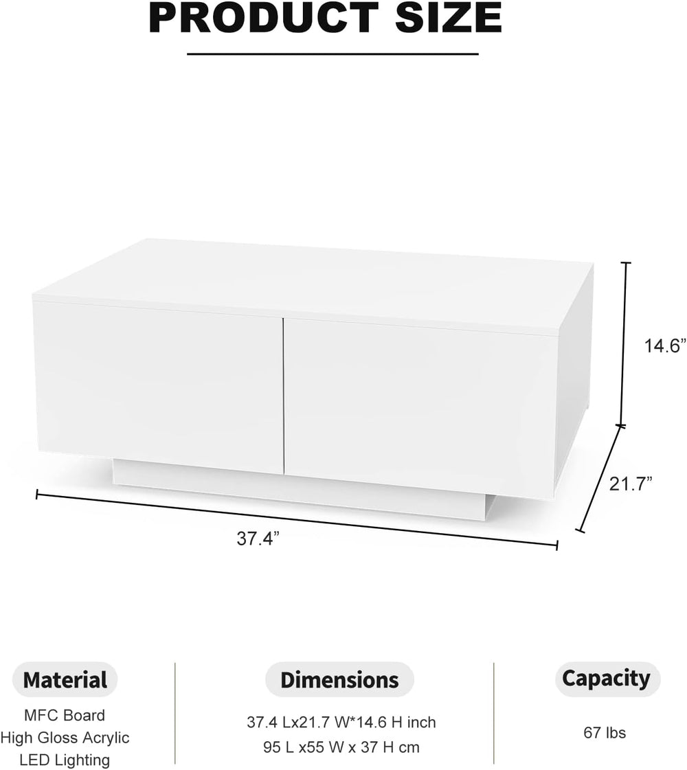 Modern White LED Coffee Table with 4 Drawers, 16 Color Lighting