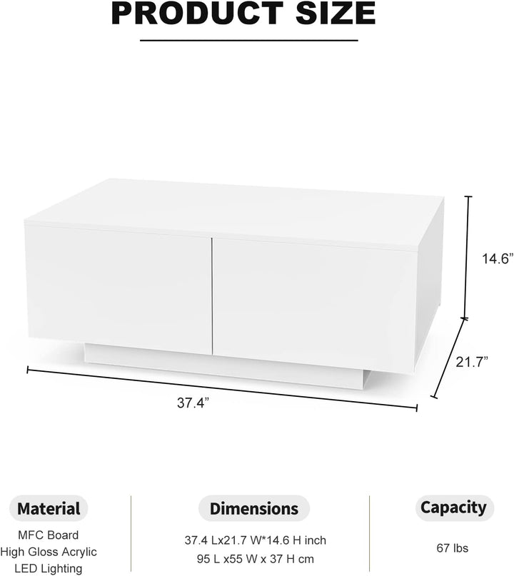 Modern White LED Coffee Table with 4 Drawers, 16 Color Lighting