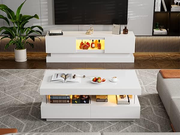 Modern LED Coffee Table, White High Gloss Finish, Acrylic Design