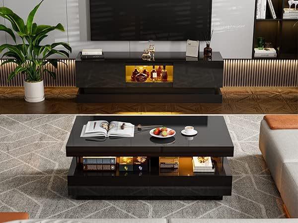 Modern LED Coffee Table, Black High Glossy Acrylic Design