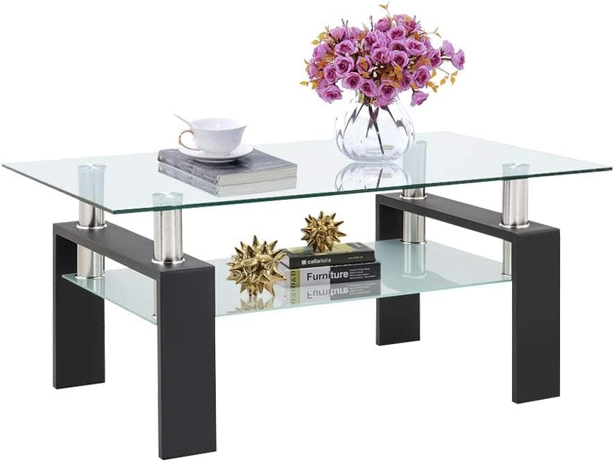 Stylish Black Glass Coffee Table, Clear Modern Side Tables