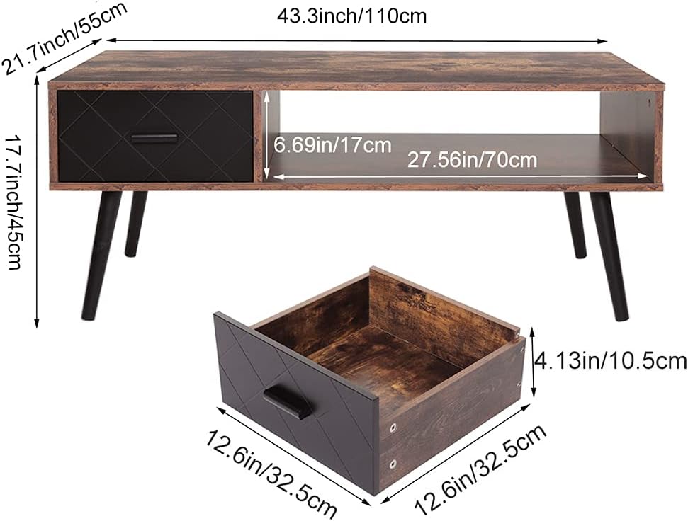 Rustic Mid-Century Coffee Table with Storage, Drawer, Shelf