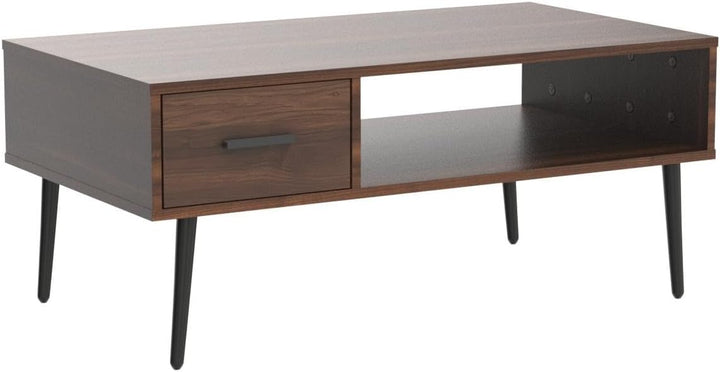 Mid-Century Modern Coffee Table with Drawer and Shelf, Walnut