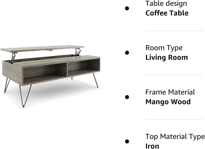 Solid Mango Wood and Metal Industrial Lift Top Coffee Table, Grey