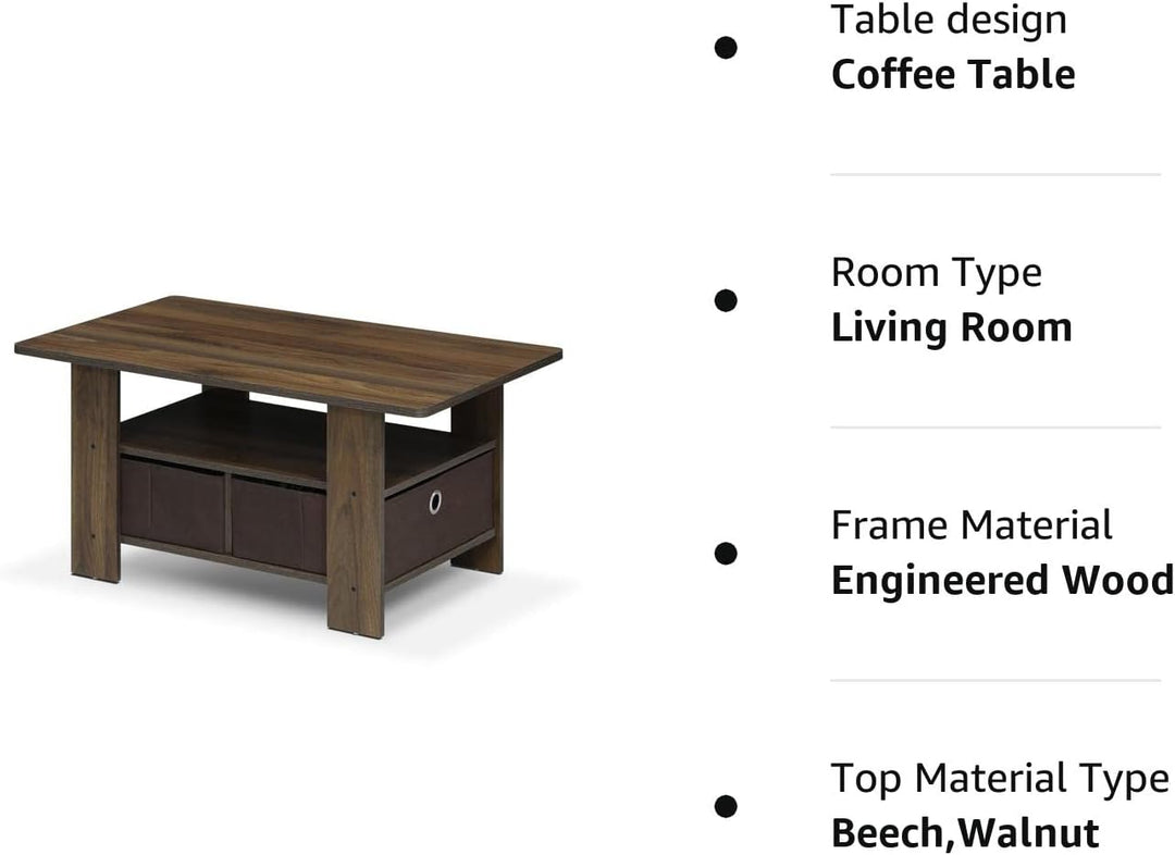 Furinno Andrey Coffee Table with Bin Drawer, Columbia Walnut